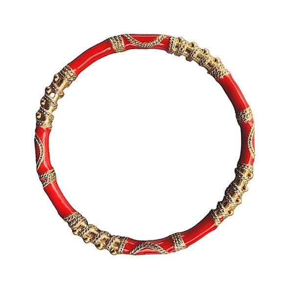 Red Enamel and Gold Bangle Bracelet 8" - Picture 4 of 4